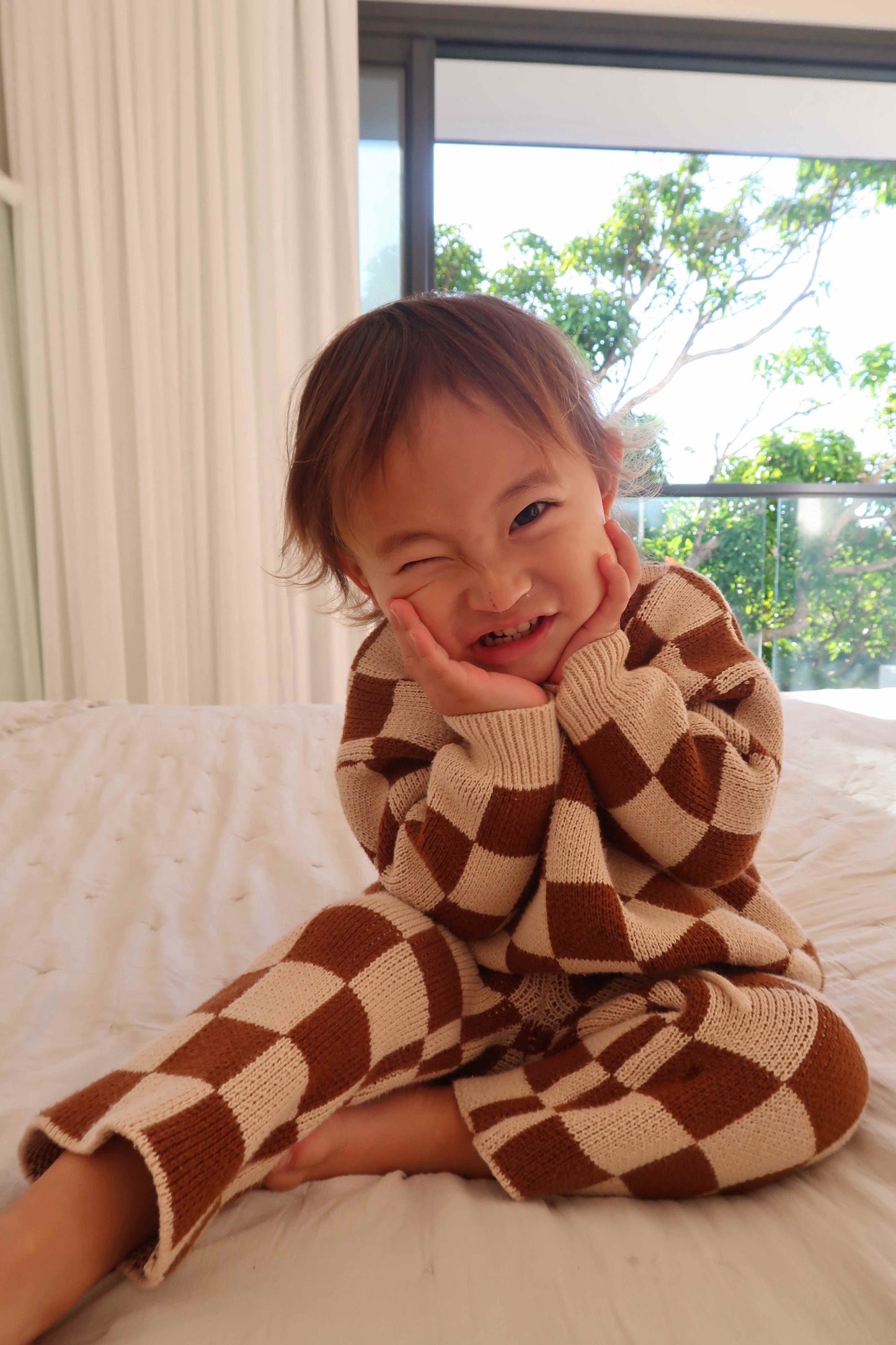 zaza checkerboard knit set - chocolate