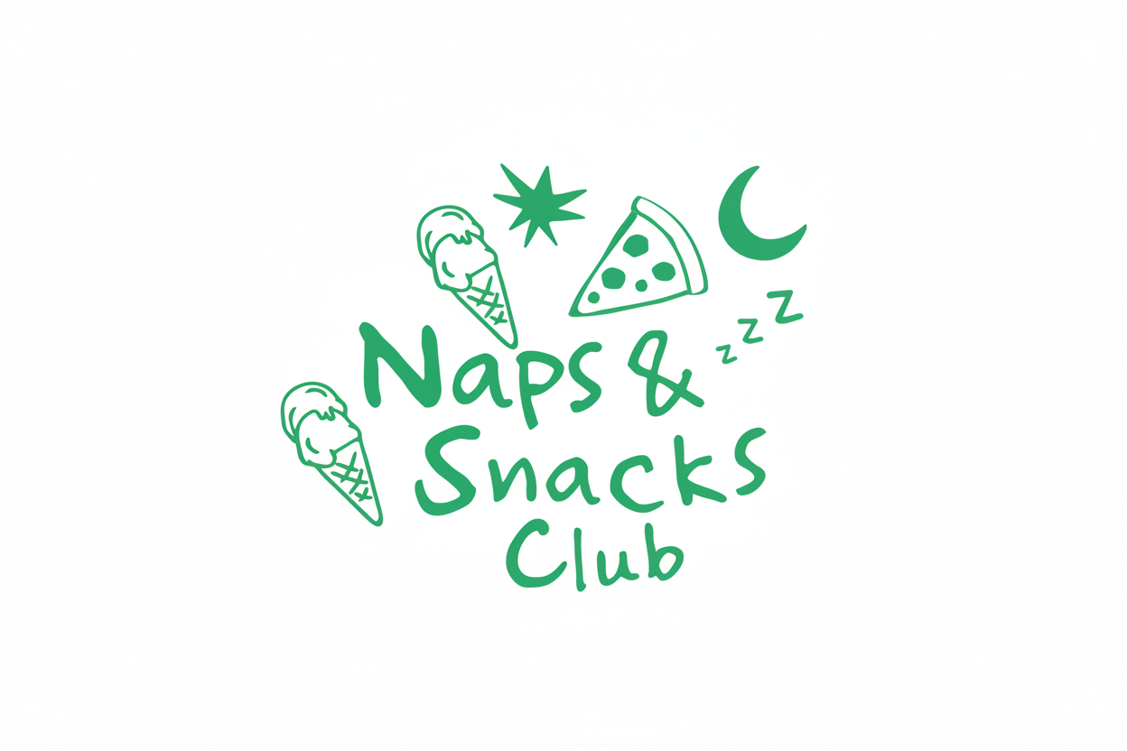 Logo for 'Naps & Snacks Club' with green text and icons on a white background