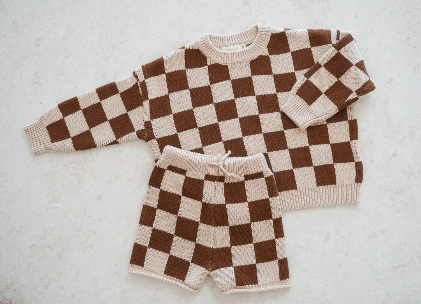 zaza checkerboard knit set - chocolate